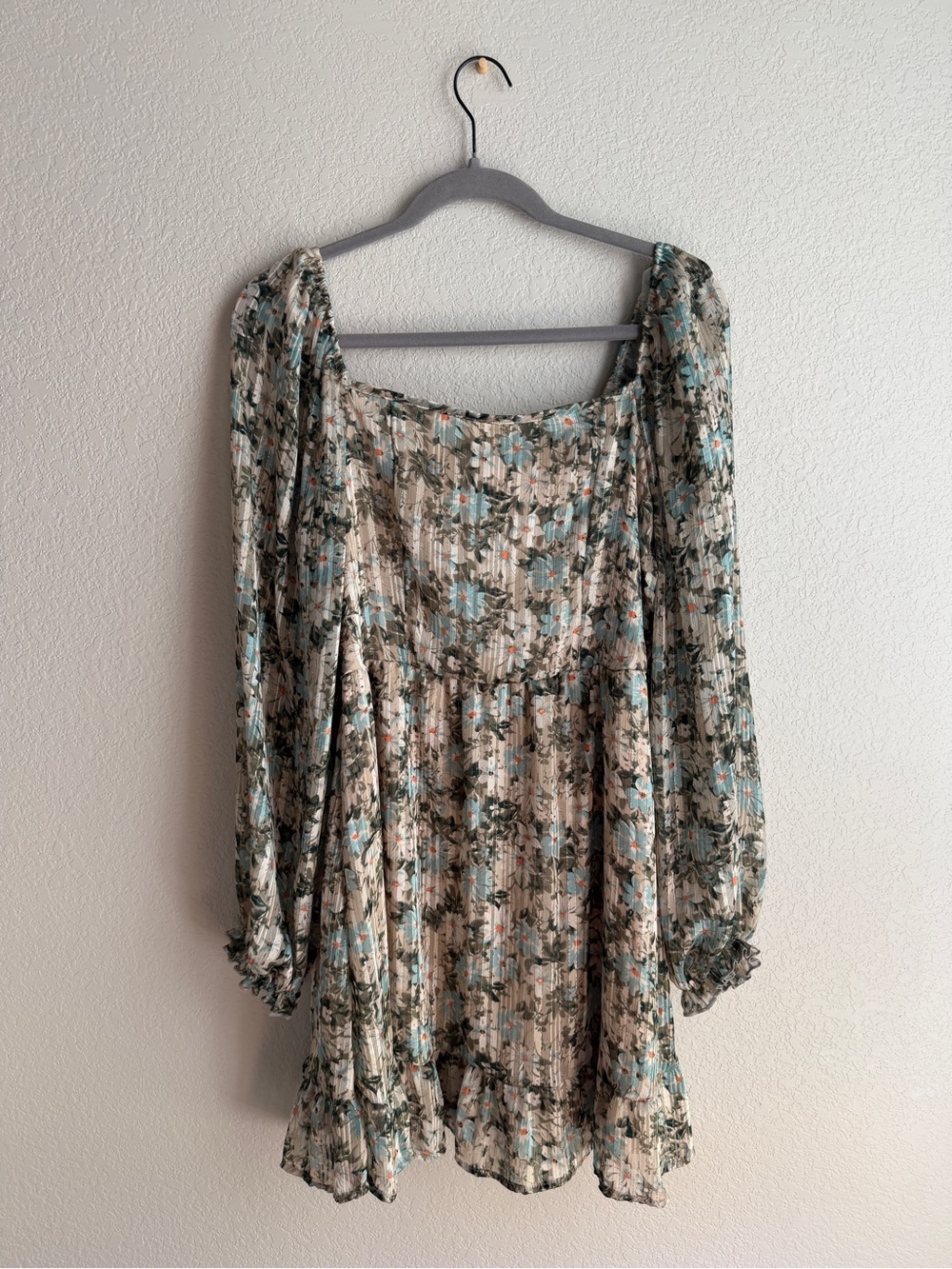 Floral Square-Neck Long Sleeve Mini Dress in Cream and Teal